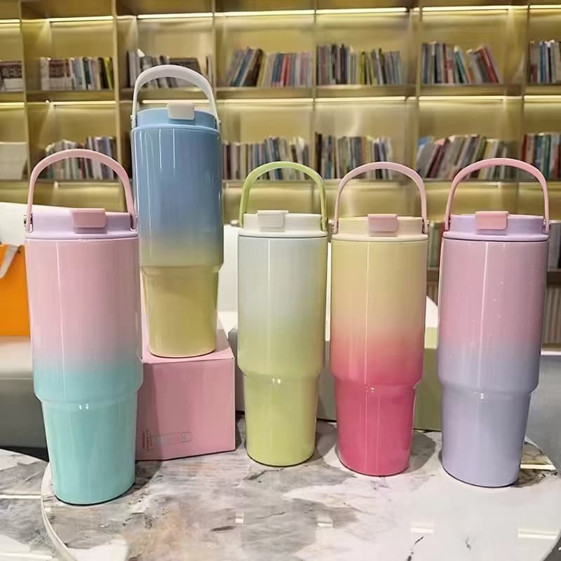 Tumbler Macaroon Gradasi Tumbler With Handle 890ML / Tumbler Aesthetic Viral | Insulated Tumblers With Lids And Straws: Colorful Stainless Steel Water Tumbler With Straw, Lightweight for Daily Use, Design |