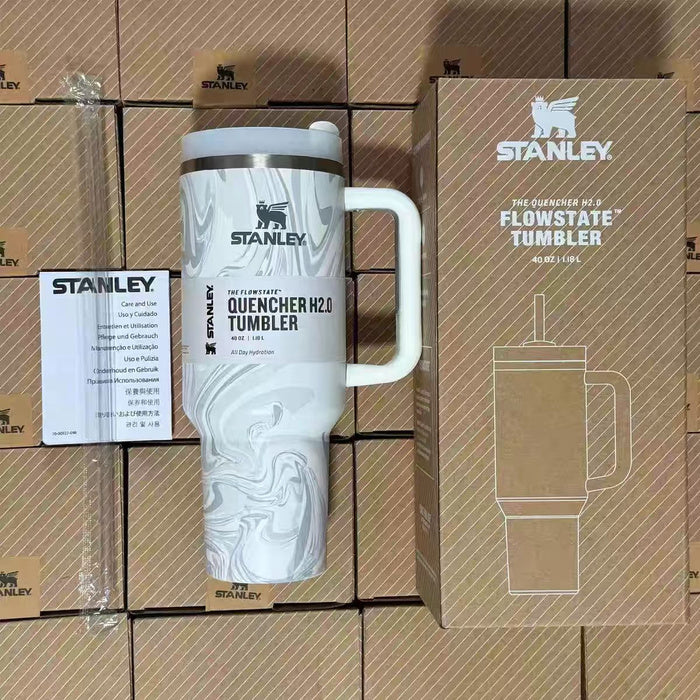 Stainless Steel Thermal Mug for Cold and Hot Drinks, Stanley 1.18L, Grey Marble + Straw Cap as a Gift