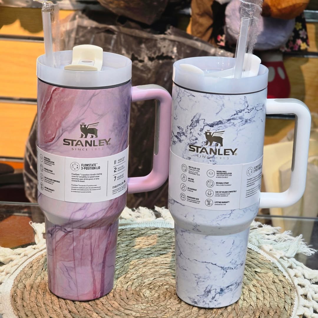 Stainless Steel Thermal Mug for Cold and Hot Drinks, Stanley 1.18L, Grey Marble + Straw Cap as a Gift
