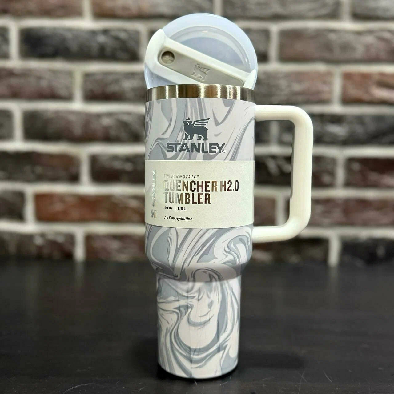 Stainless Steel Thermal Mug for Cold and Hot Drinks, Stanley 1.18L, Grey Marble + Straw Cap as a Gift