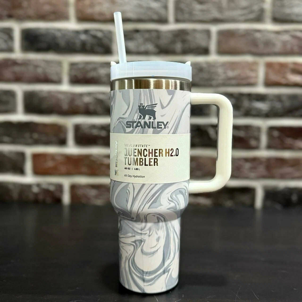 Stainless Steel Thermal Mug for Cold and Hot Drinks, Stanley 1.18L, Grey Marble + Straw Cap as a Gift