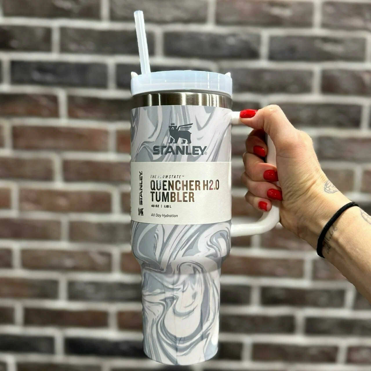 Stainless Steel Thermal Mug for Cold and Hot Drinks, Stanley 1.18L, Grey Marble + Straw Cap as a Gift