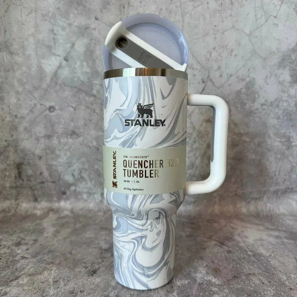 Stainless Steel Thermal Mug for Cold and Hot Drinks, Stanley 1.18L, Grey Marble + Straw Cap as a Gift