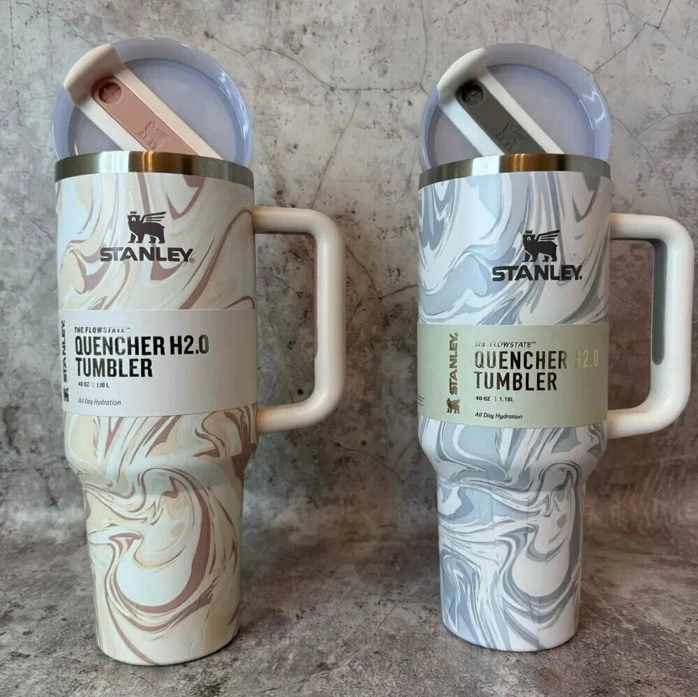 Stainless Steel Thermal Mug for Cold and Hot Drinks, Stanley 1.18L, Grey Marble + Straw Cap as a Gift
